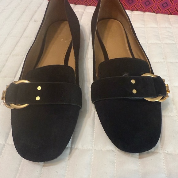 Tory Burch Black Suede Loafers with Gold Buckle - Picture 7 of 11